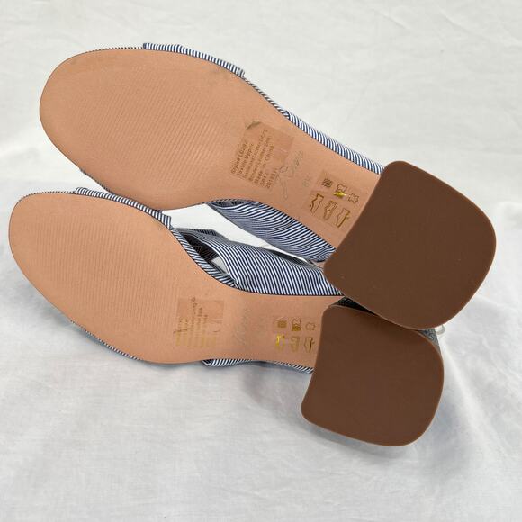 J. CREW Twisted-Knot Penny Sandals 8.5 Blue White Pinstripe Glitter Block Heel - Picture 8 of 10